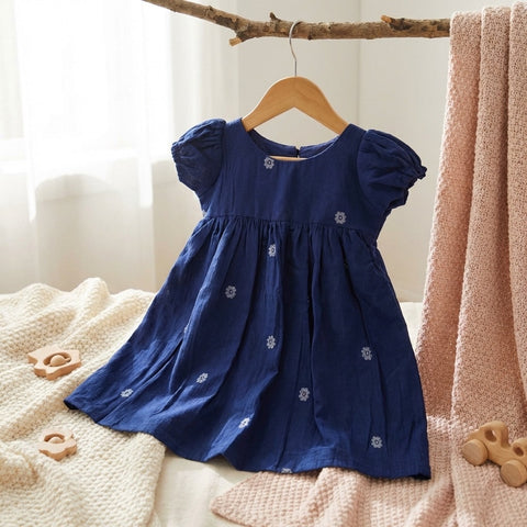 Midnight Blue Jamdani cotton kids frock