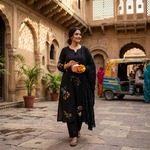 Black Floral emb mul cotton suit set