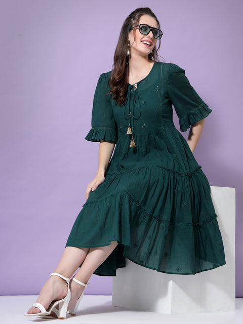 Bottle Green Emb Woven Dress with Lace