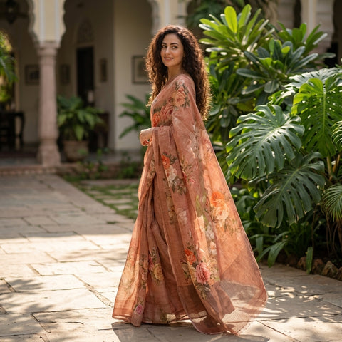 Digital Printed pure Linen saree