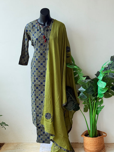 Blue/green ajrakh printed cotton suit set