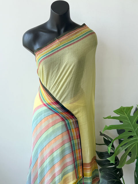 Multi border mul cotton saree - Yellow