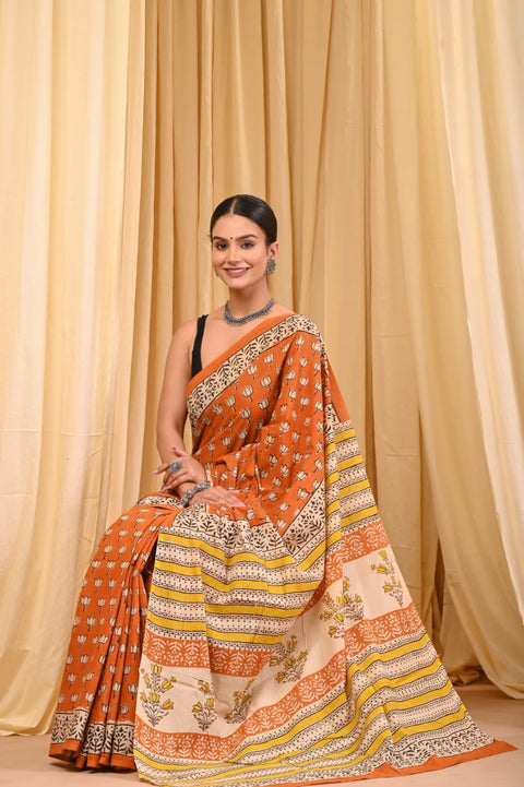 Bagru Printed mul cotton saree
