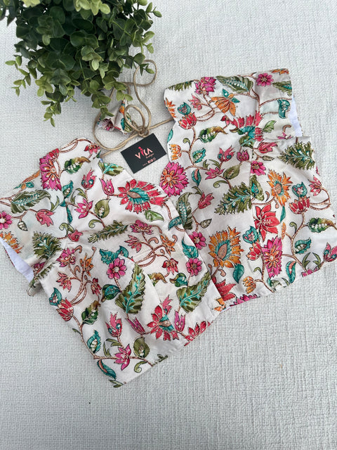white colourful floral emb silk blouse