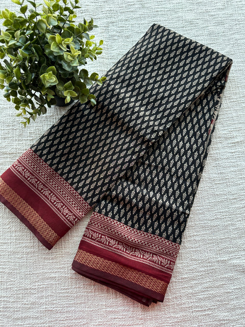 Black maroon printed silk cotton saree