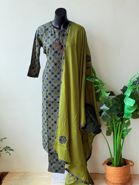 Blue/green ajrakh printed cotton suit set
