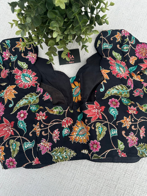 Black colourful floral emb silk blouse
