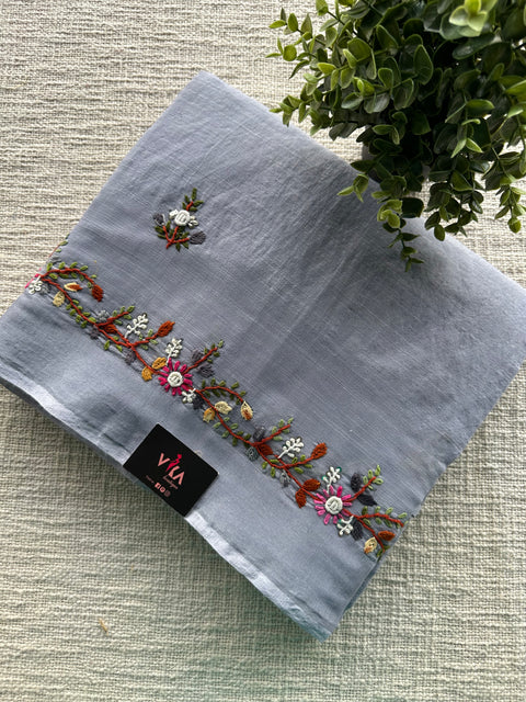 Hand embroidery cotton saree - Grey