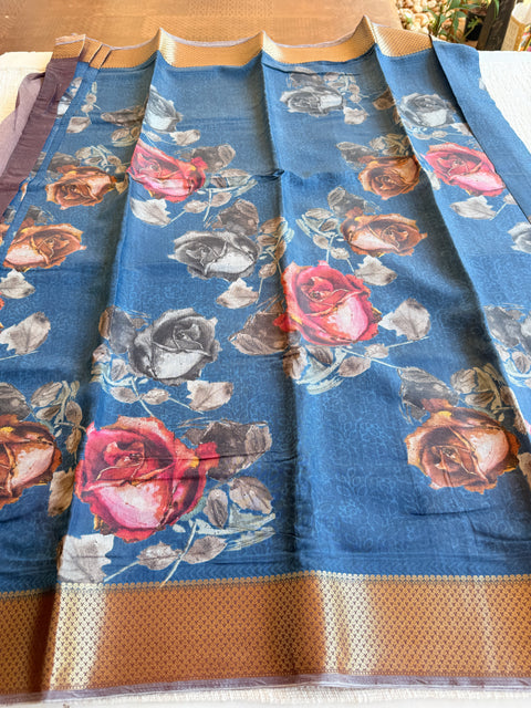 Vintage floral printed zari border saree