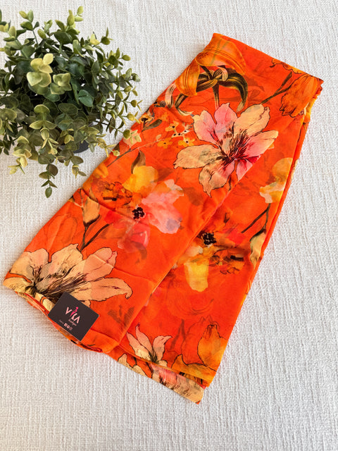 Orange Floral printed pure chiffon saree