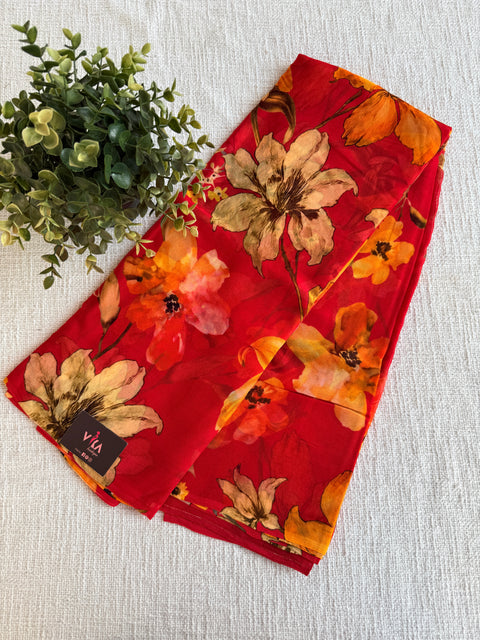 Red Floral printed pure chiffon saree