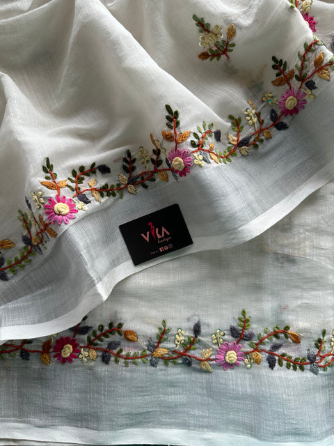 Hand embroidery cotton saree - white