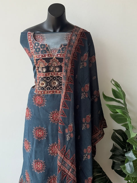 Ajrakh Printed Russian silk suit material