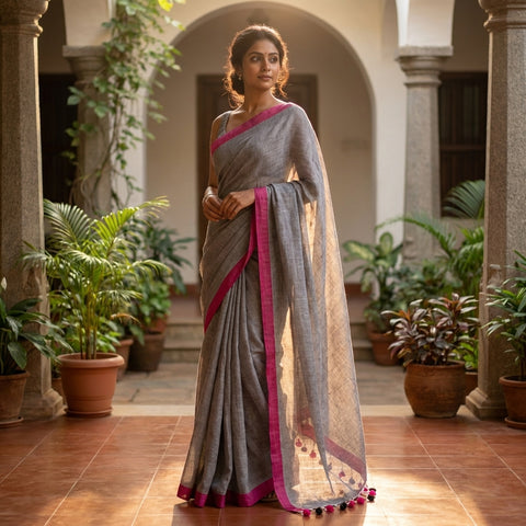 Plain cotton linen saree
