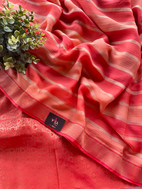 Peach orange striped chiffon saree