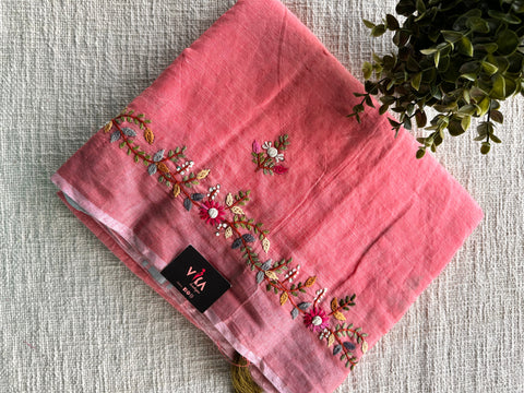 Hand embroidery cotton saree - Peach.