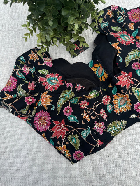 Black colourful floral emb silk blouse