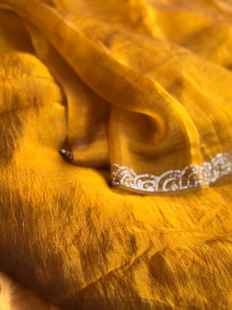 Golden tissue Designer plain saree with blouse