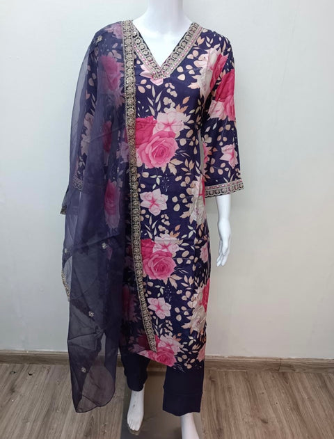 V neck printed muslin ready suit set