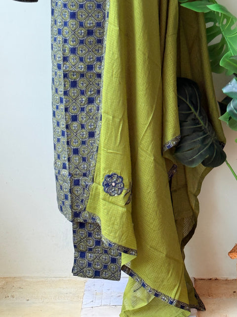 Blue/green ajrakh printed cotton suit set