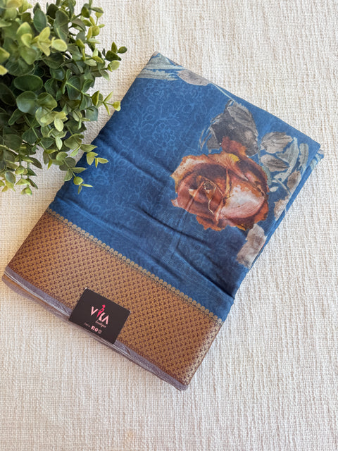 Vintage floral printed zari border saree
