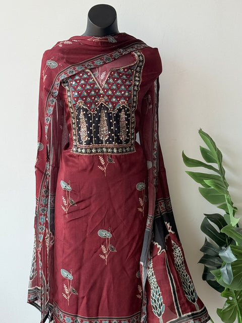 Ajrakh Printed Russian silk suit material