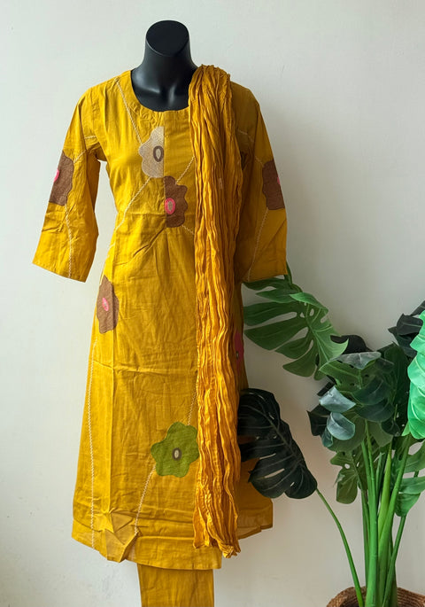 Embroidery pure cotton suit set - Musturd