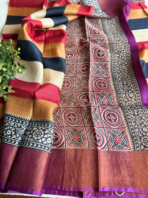 Printed tussar silk saree