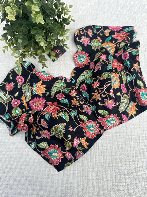 Black colourful floral emb silk blouse