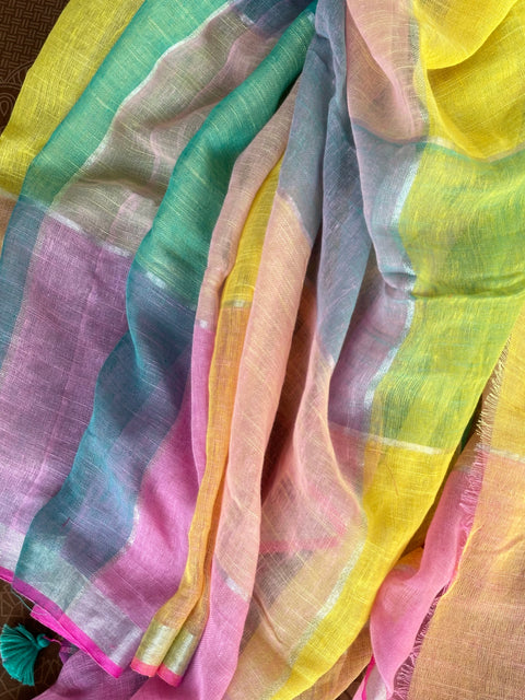Multicolour cotton linen saree