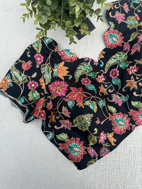 Black colourful floral emb silk blouse