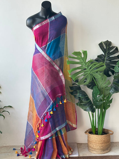 Multicolour cotton linen saree