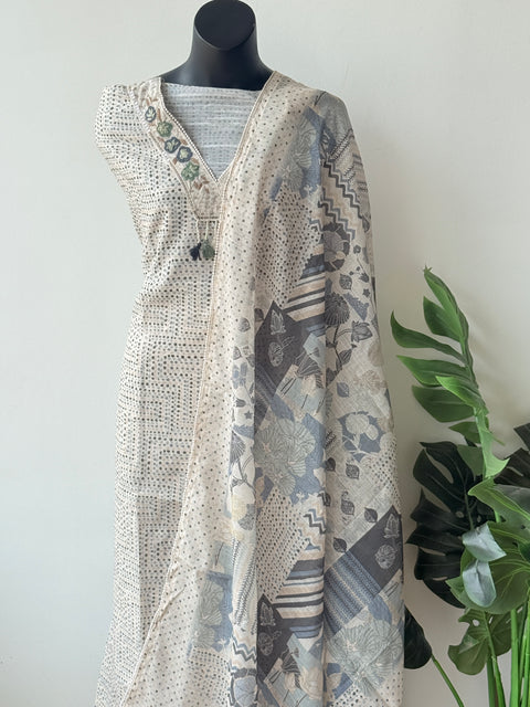 V Neck printed linen cotton suit material