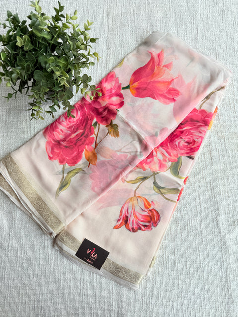 Zari border Floral printed pure chiffon saree
