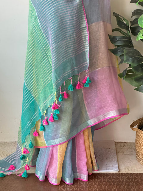 Multicolour cotton linen saree