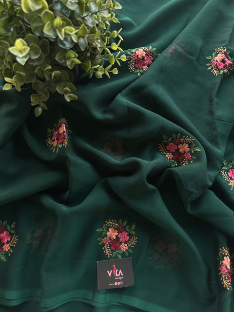 Colourful Embroidery dark green chiffon saree
