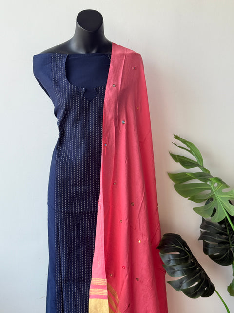 Contrast mirror work silk Dupatta with silk cotton top