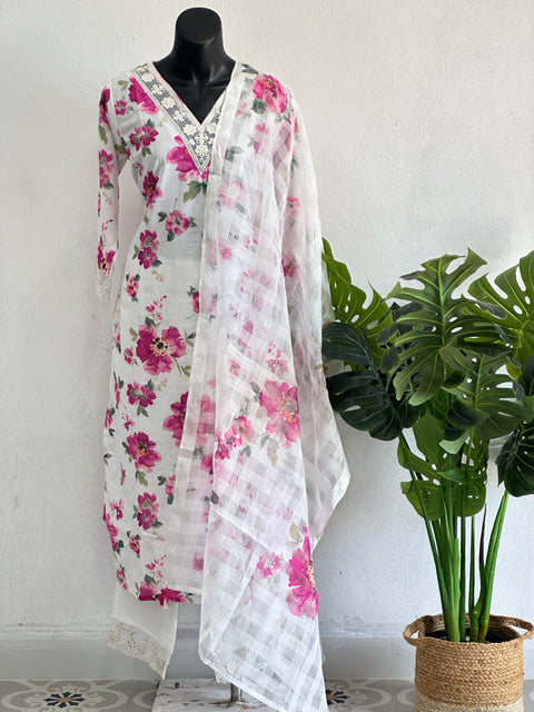 Pink Floral printed linen cotton ready suit set