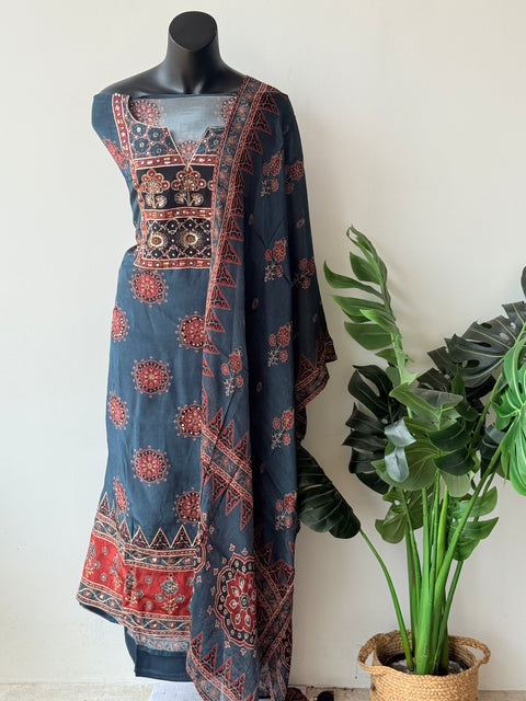 Ajrakh Printed Russian silk suit material