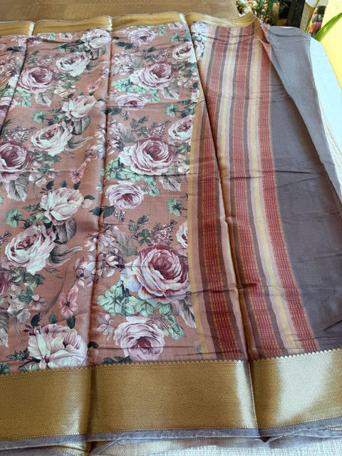 Stained Vintage floral printed zari border saree