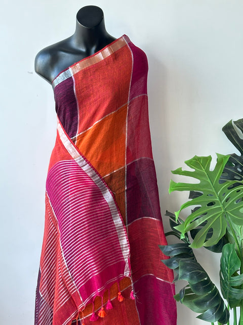 Multicolour cotton linen saree