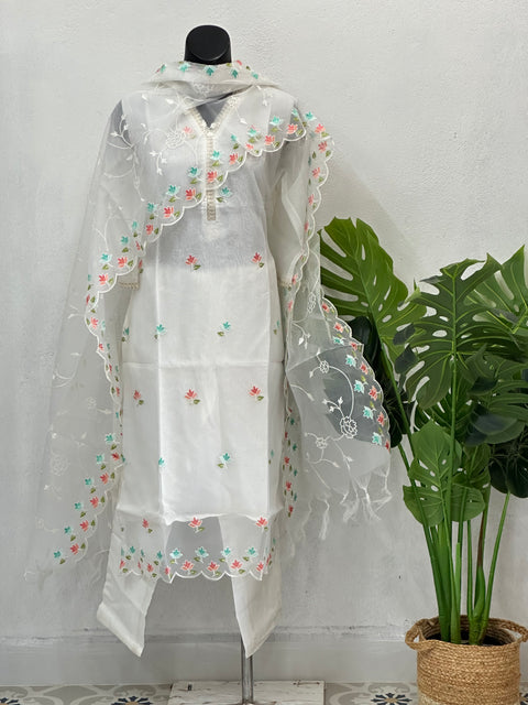 V neck emb organza readymade suit set