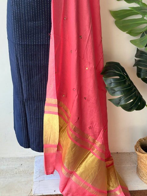 Contrast mirror work silk Dupatta with silk cotton top