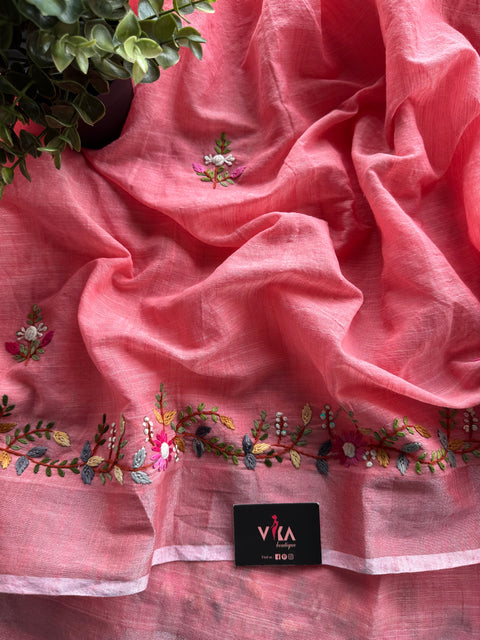 Hand embroidery cotton saree - Peach