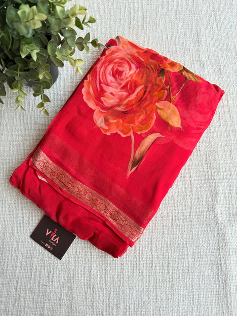 Zari border Floral printed pure chiffon saree