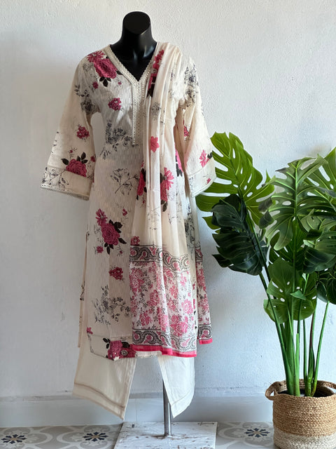 Lace work printed cotton readymade set