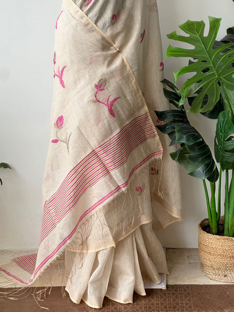 Jamdani weaving silk linen saree - Off white
