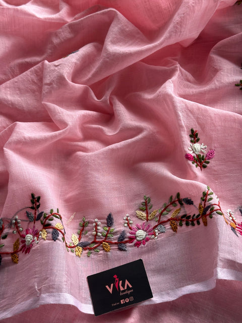 Hand embroidery cotton saree - Pink