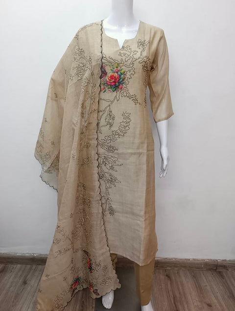 Beige thread emb silk cotton Ready suit set
