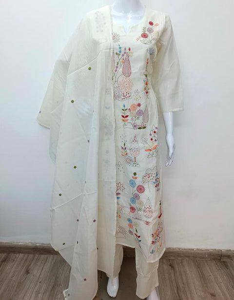 White emb mul cotton Ready suit set